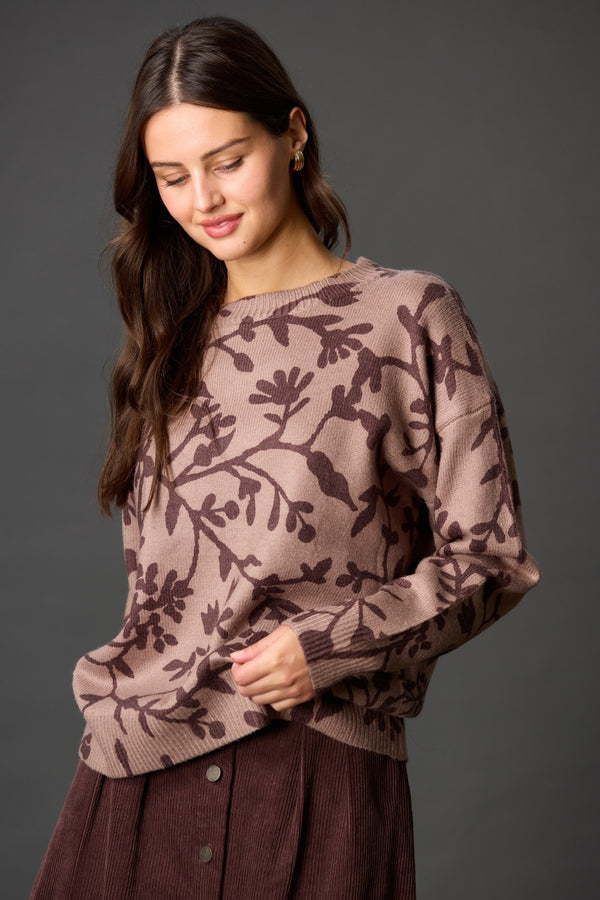 FLORAL PRINT SWEATER--BROWN/MOCHA
