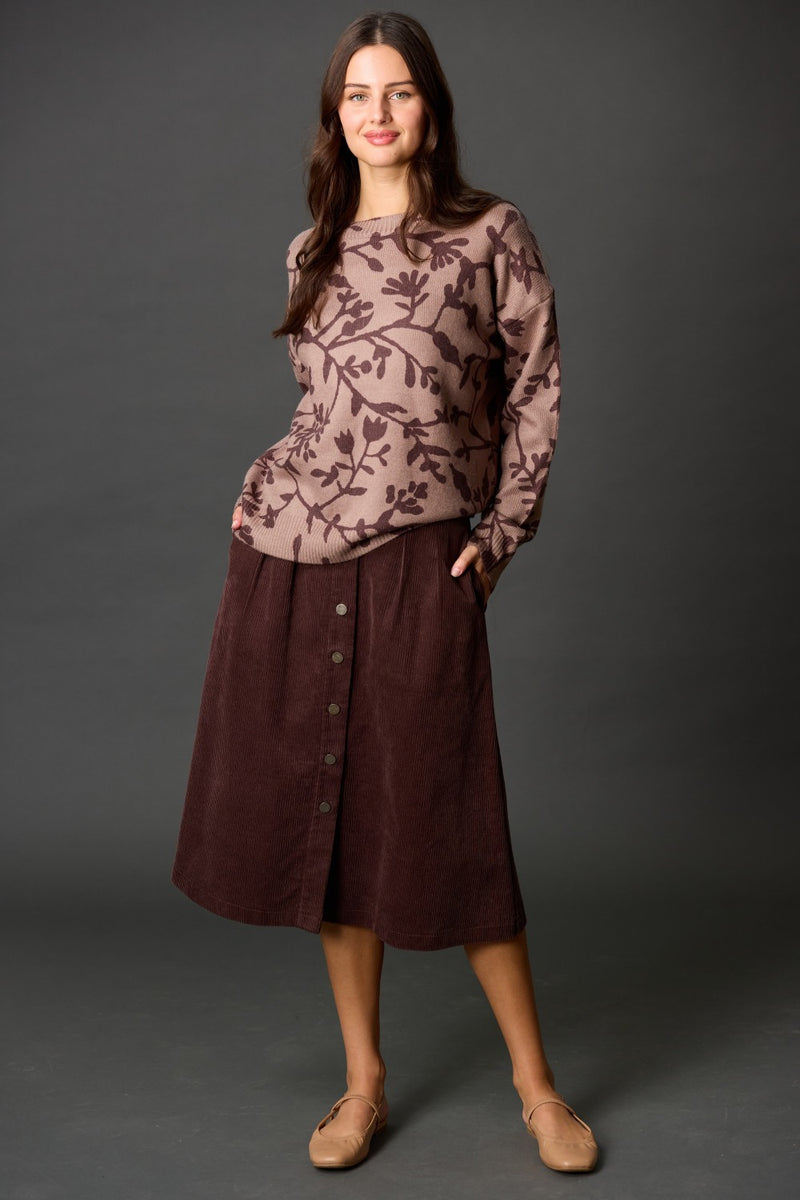 FLORAL PRINT SWEATER--BROWN/MOCHA