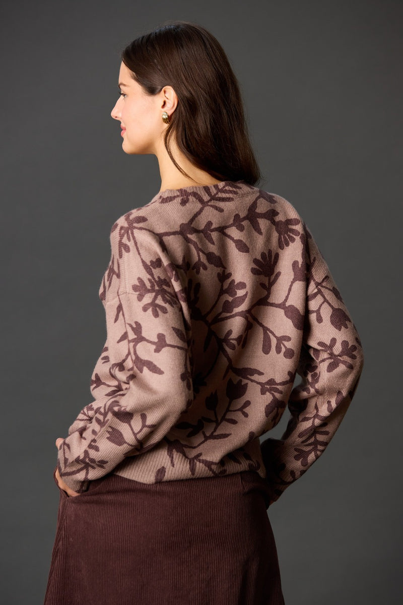 FLORAL PRINT SWEATER--BROWN/MOCHA