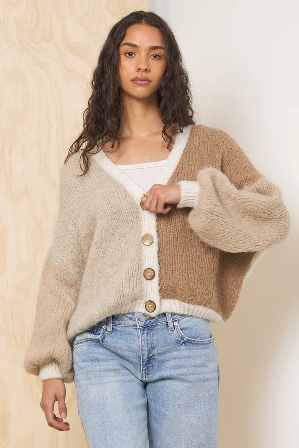 VINTAGE HAVANA COLOR BLOCK CARDIGAN--TAUPE MIX