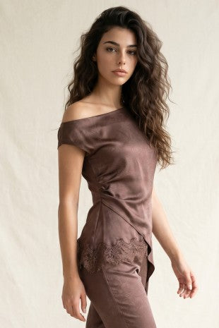 ASYMMETRIC SATIN TOP WITH LACE TRIM--BROWN
