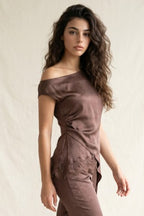 ASYMMETRIC SATIN TOP WITH LACE TRIM--BROWN