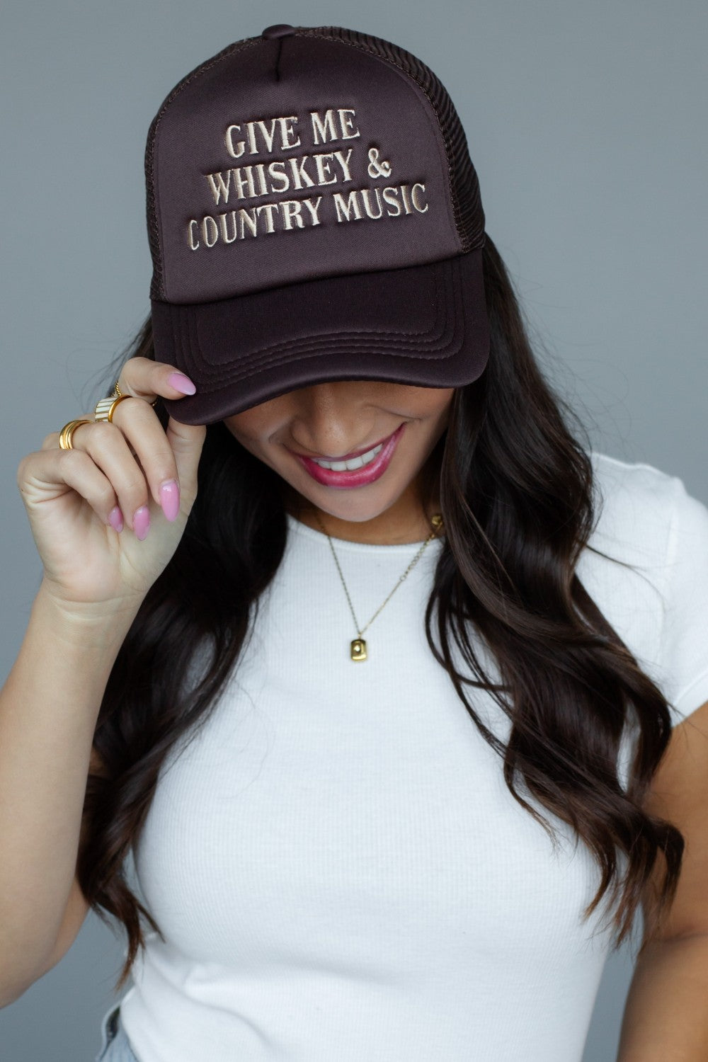 GIVE ME WHISKEY & COUNTRY MUSIC TRUCKER HAT--BROWN
