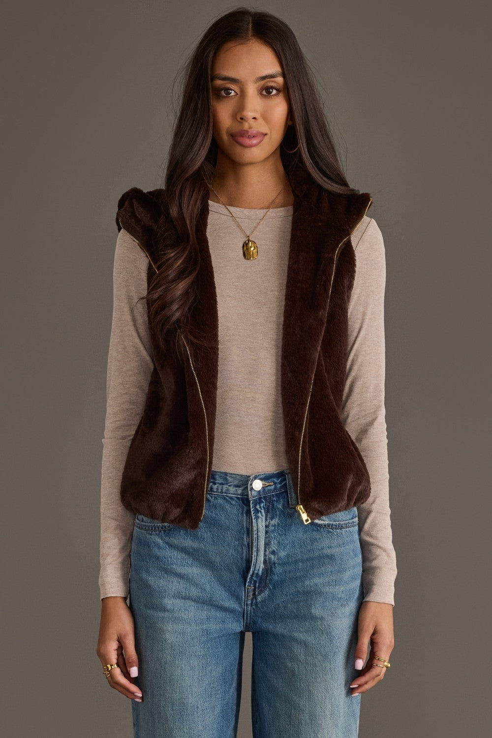 FAUX FUR VEST--DK BROWN
