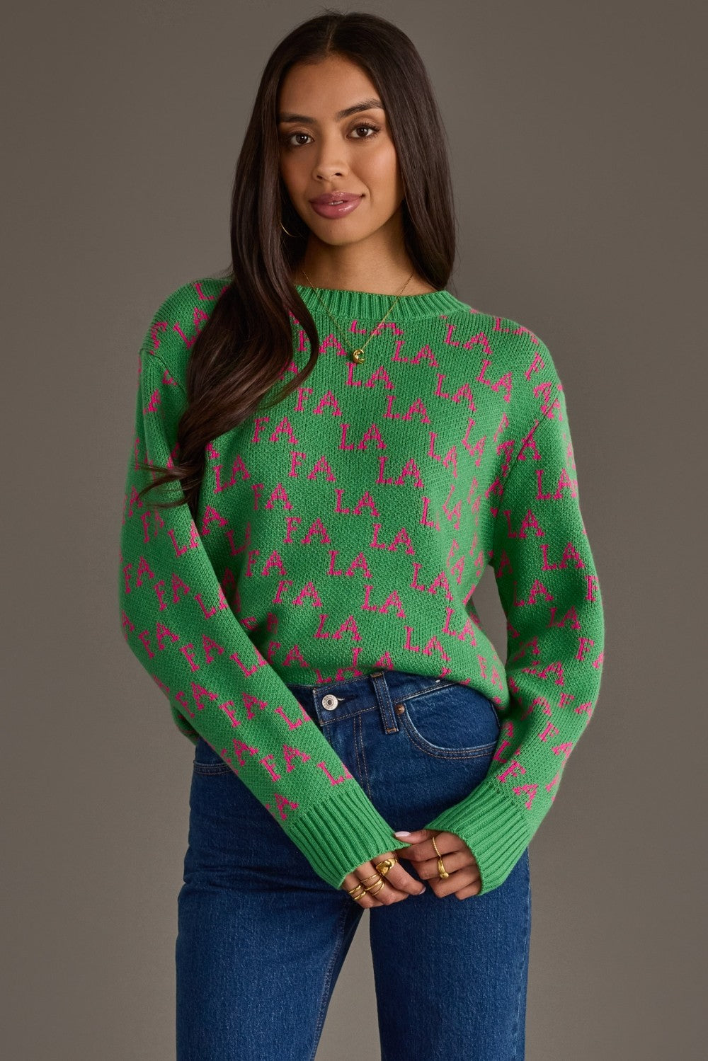 FA LA LA SWEATER--GREEN & PINK