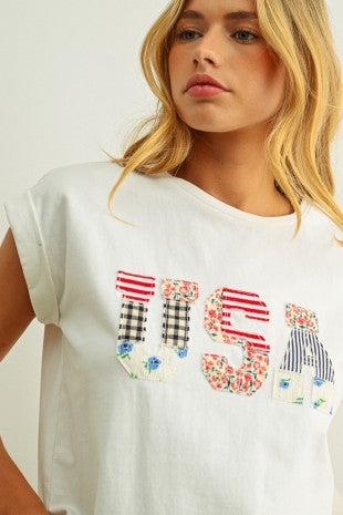USA FLORAL PATCHWORK TEE--WHITE