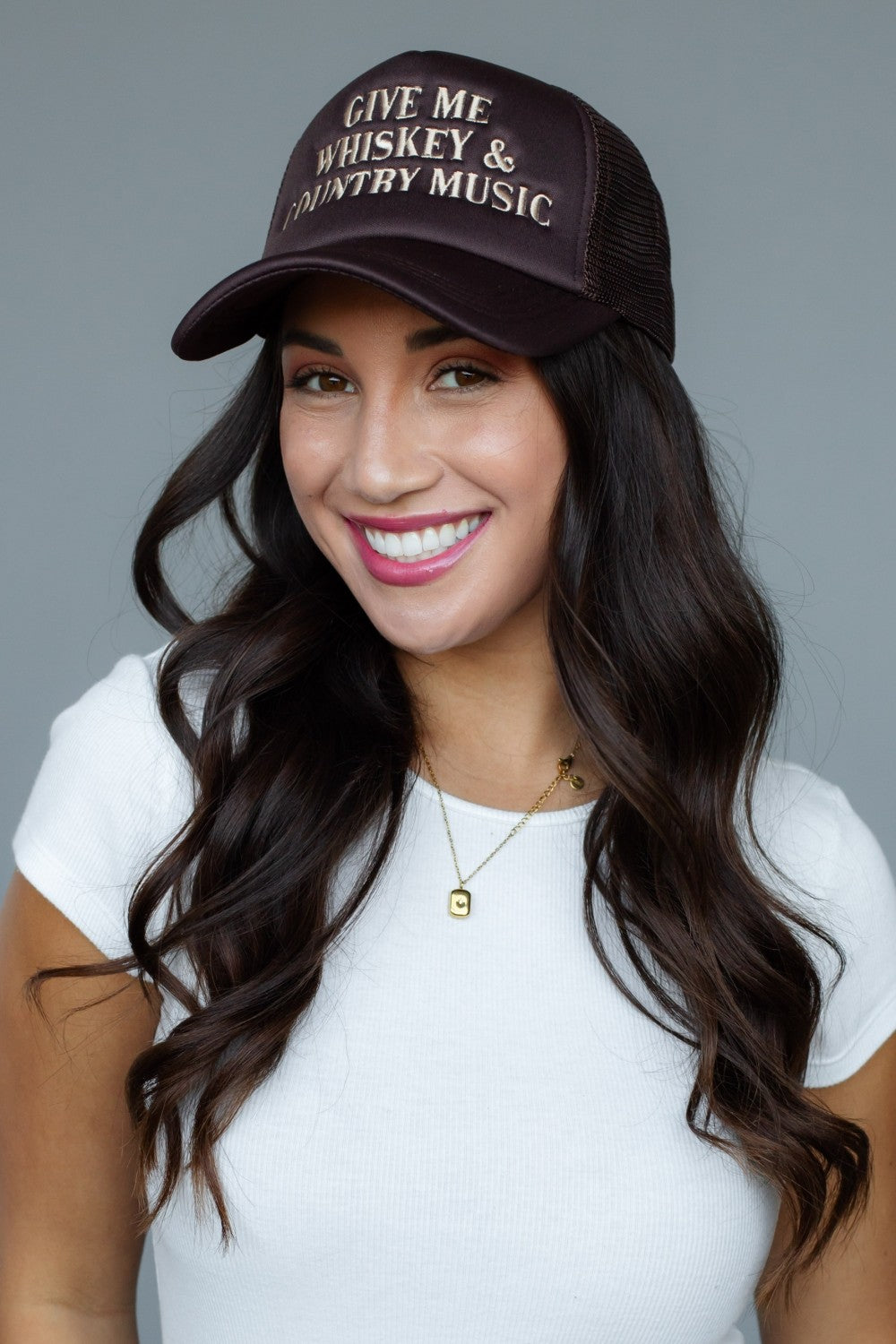 GIVE ME WHISKEY & COUNTRY MUSIC TRUCKER HAT--BROWN