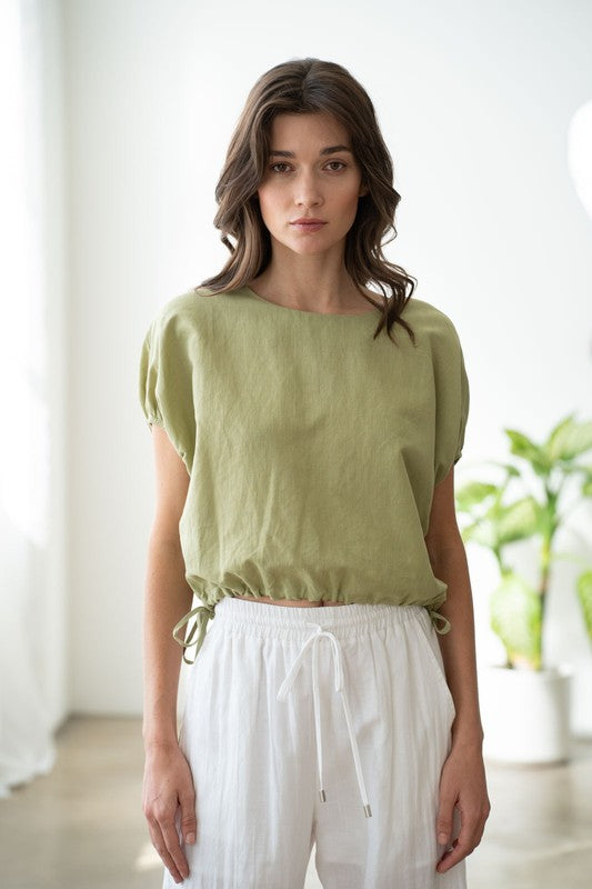 CAP SLEEVE CREW NECK LINEN TOP--FOREST GREEN