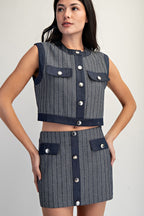 HERRINGBONE DENIM MIX MINI SKIRT--INDIGO