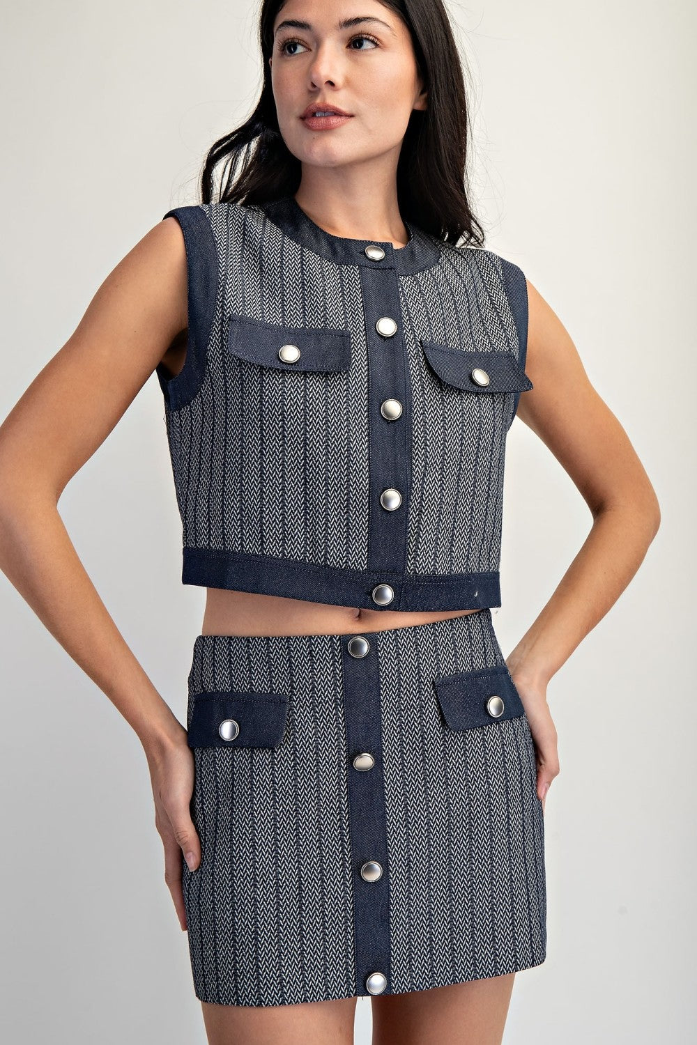 HERRINGBONE DENIM MIX MINI SKIRT--INDIGO