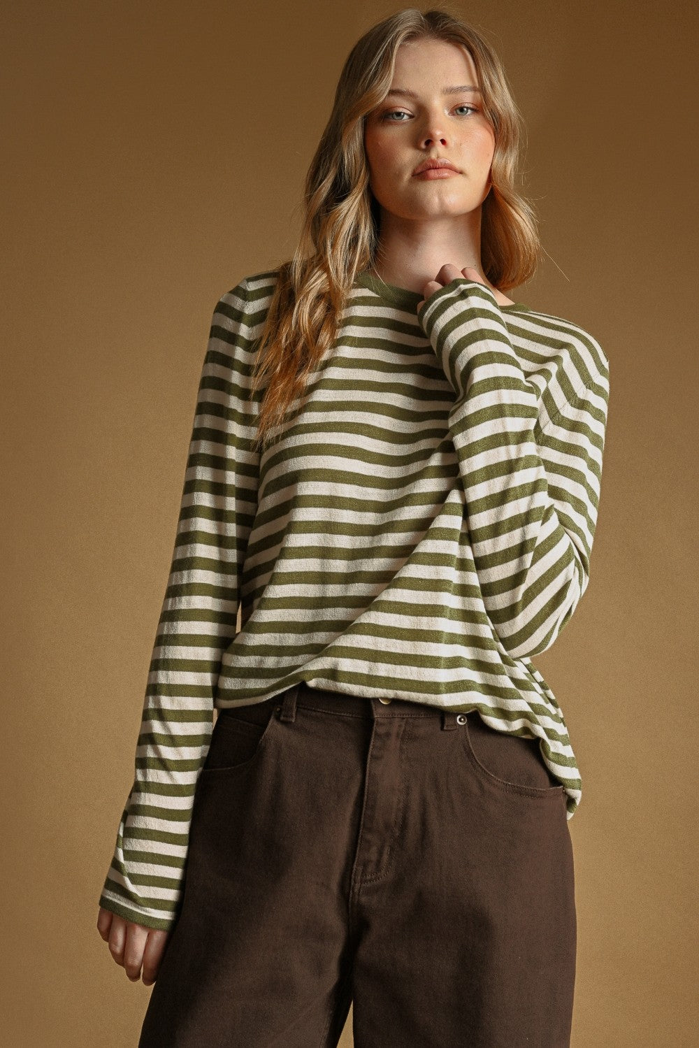 LS STRIPE KNITTED TOP--MATCHA
