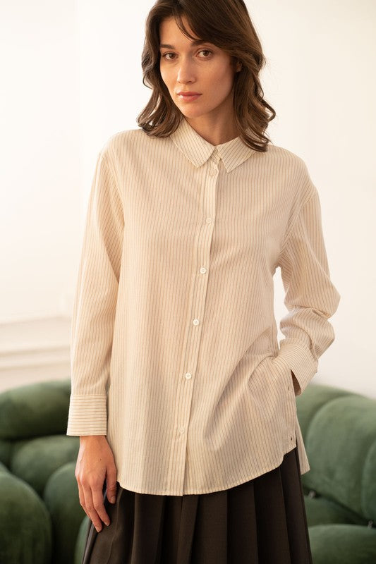 COTTON BUTTON DOWN TOP--BEIGE STRIPE