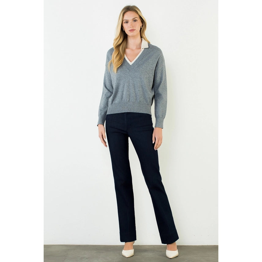 CLLAR LS V-NECK KNIT SWEATER--GRAY