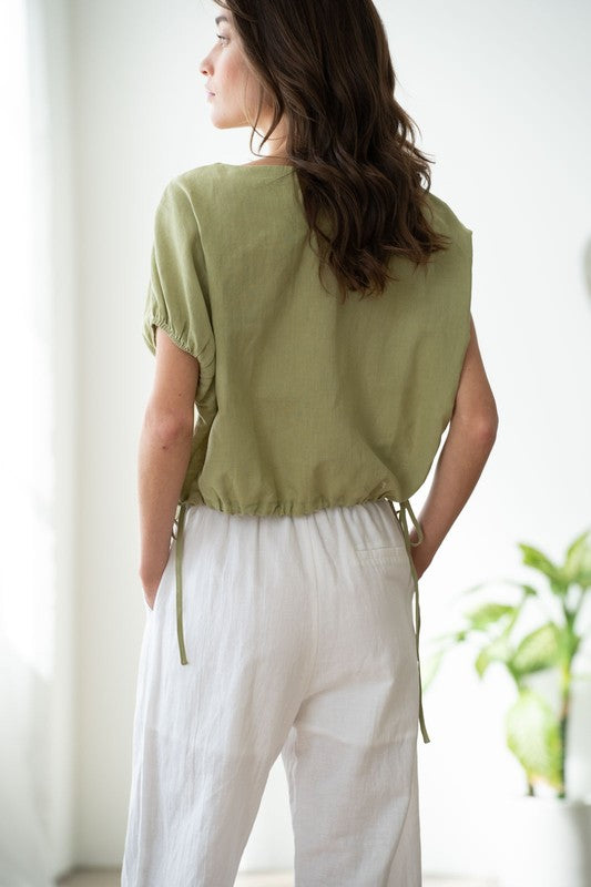 CAP SLEEVE CREW NECK LINEN TOP--FOREST GREEN