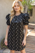 RUCHED HALF SLEEVE FLORAL EMBROIDERED DRESS--BLACK