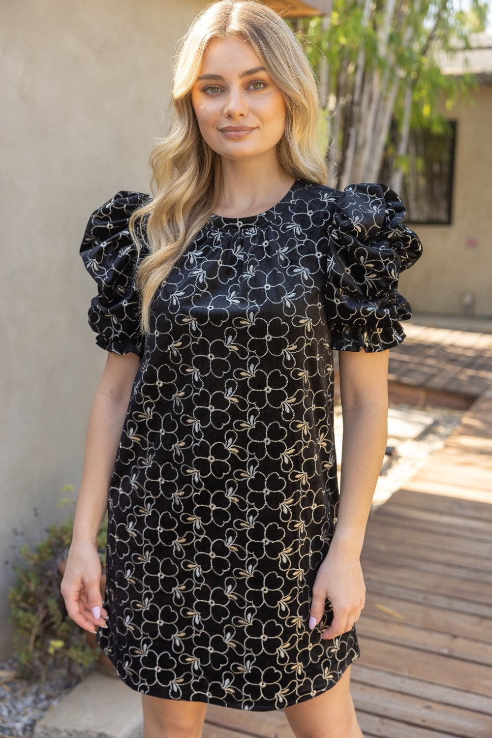 RUCHED HALF SLEEVE FLORAL EMBROIDERED DRESS--BLACK