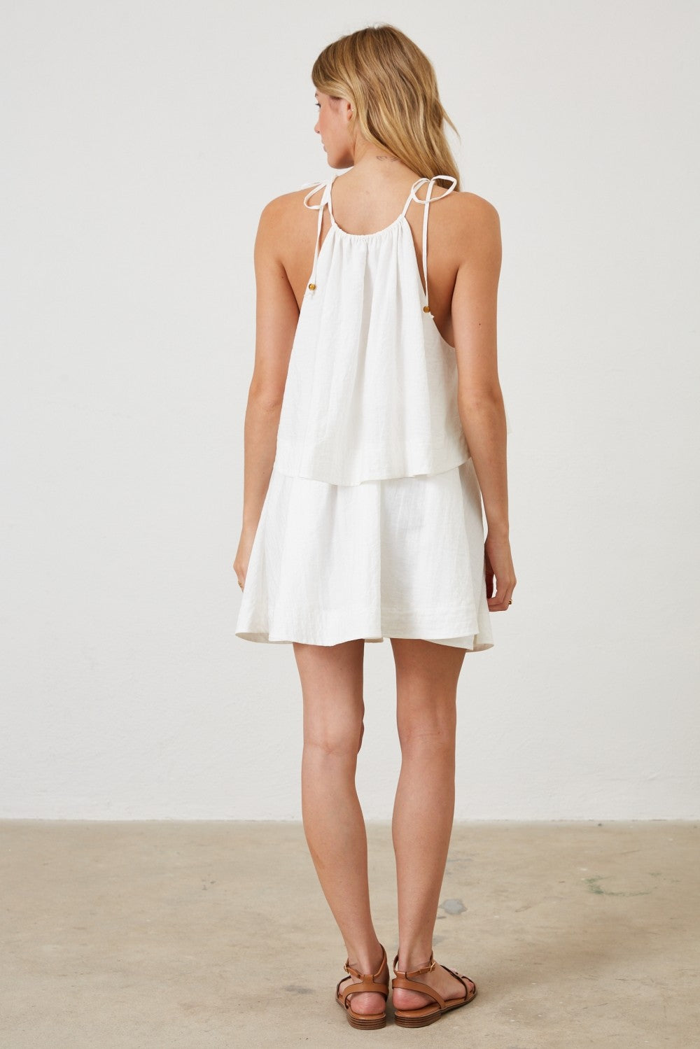 HALTER DRESS WITH LAYERED BODICE AND SWING FIT--OFF WHITE