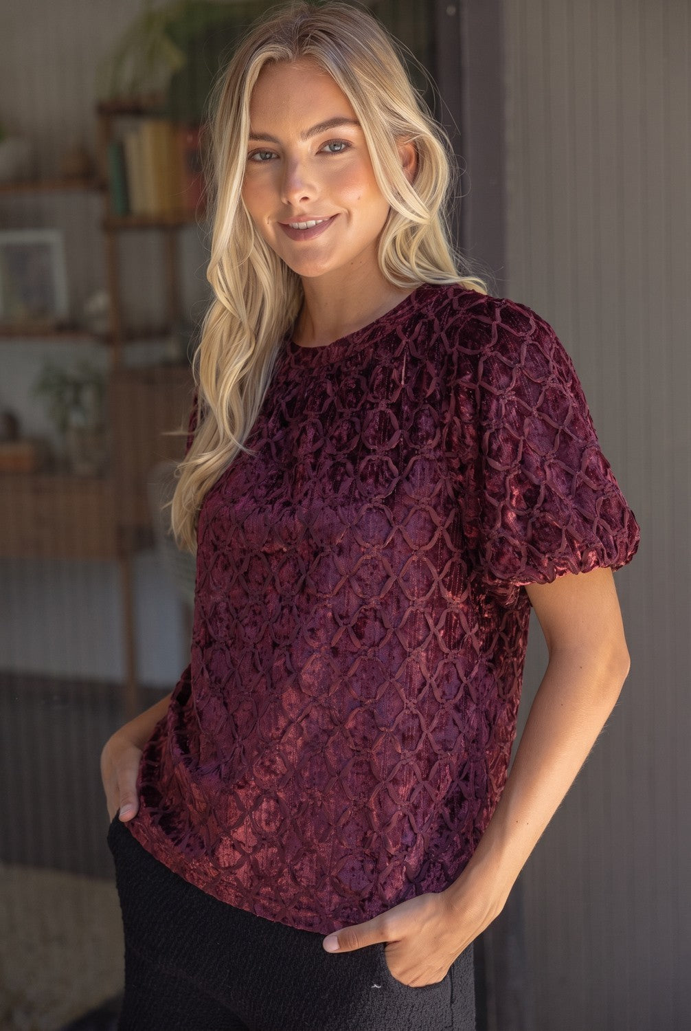 TRELLIS TRIM CRUSHED VELVET SLEEVE TOP--BURGUNDY