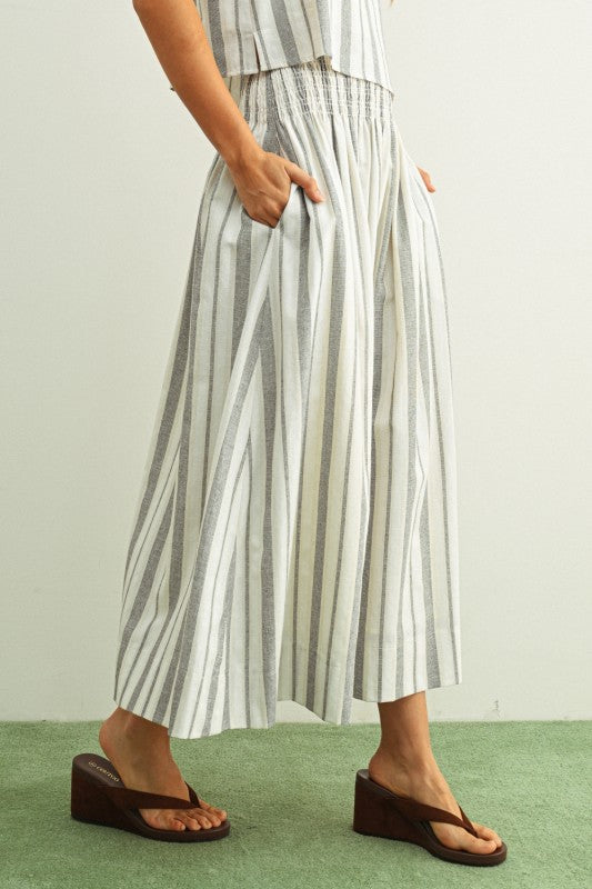 STRIPE SMOCK WAIST SKIRT--BLACK/OATMEAL