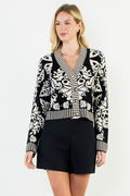 FLORAL V-NECK CARDIGAN--BLACK