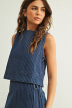 PINSTRIPED SLEEVELESS TOP--DENIM BLUE