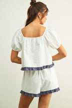 RUFFLED HEM LINEN SHORTS--WHITE/BLUE