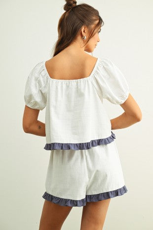 RUFFLED HEM LINEN SHORTS--WHITE/BLUE