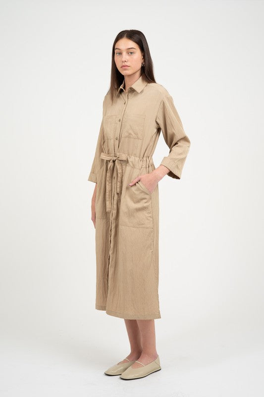 SIDE SLIT MIDI DRESS WITH BELT--BEIGE