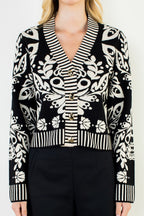 FLORAL V-NECK CARDIGAN--BLACK