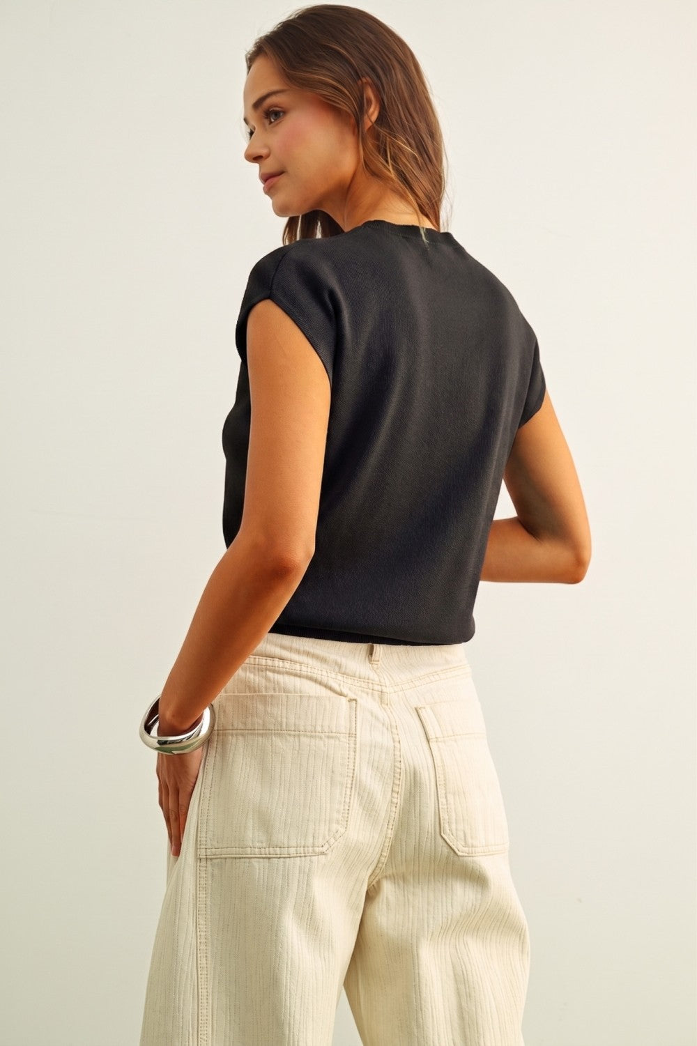 CAP SHORT SLEEVE KNIT TOP--BLACK