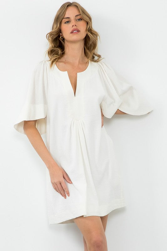 FLUTTER BELL SLEEVES DRESS--CREAM