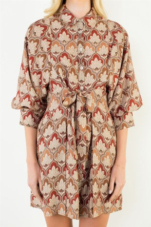 LONG SLEEVE PATTERN BUTTON DOWN DRESS--FALL MIX