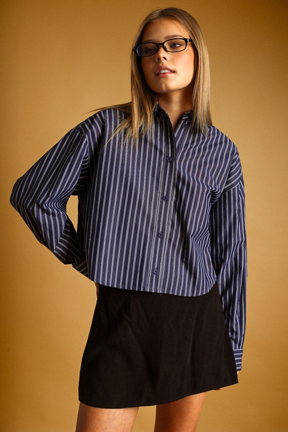 STRIPED BUTTON DOWN TOP--NAVY