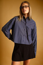 STRIPED BUTTON DOWN TOP--NAVY