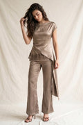 SATIN WIDE LEG TROUSERS--MOCHA