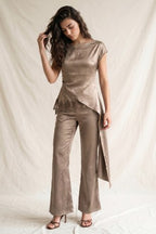 ASYMMETRIC SATIN TOP WITH LACE TRIM--MOCHA