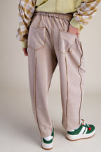 MINERAL WASHED TERRY KNIT BARREL PANTS--MOCHA