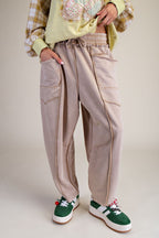 MINERAL WASHED TERRY KNIT BARREL PANTS--MOCHA