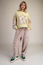 MINERAL WASHED TERRY KNIT BARREL PANTS--MOCHA