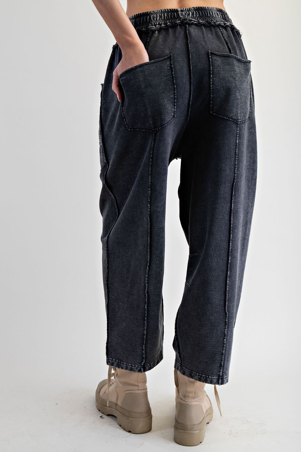 MINERAL WASHED TERRY KNIT BARREL PANTS--BLACK