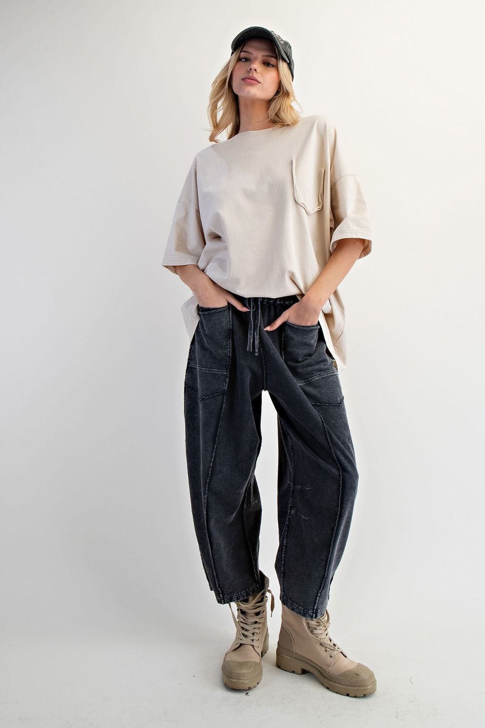 MINERAL WASHED TERRY KNIT BARREL PANTS--BLACK