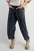 MINERAL WASHED TERRY KNIT BARREL PANTS--BLACK