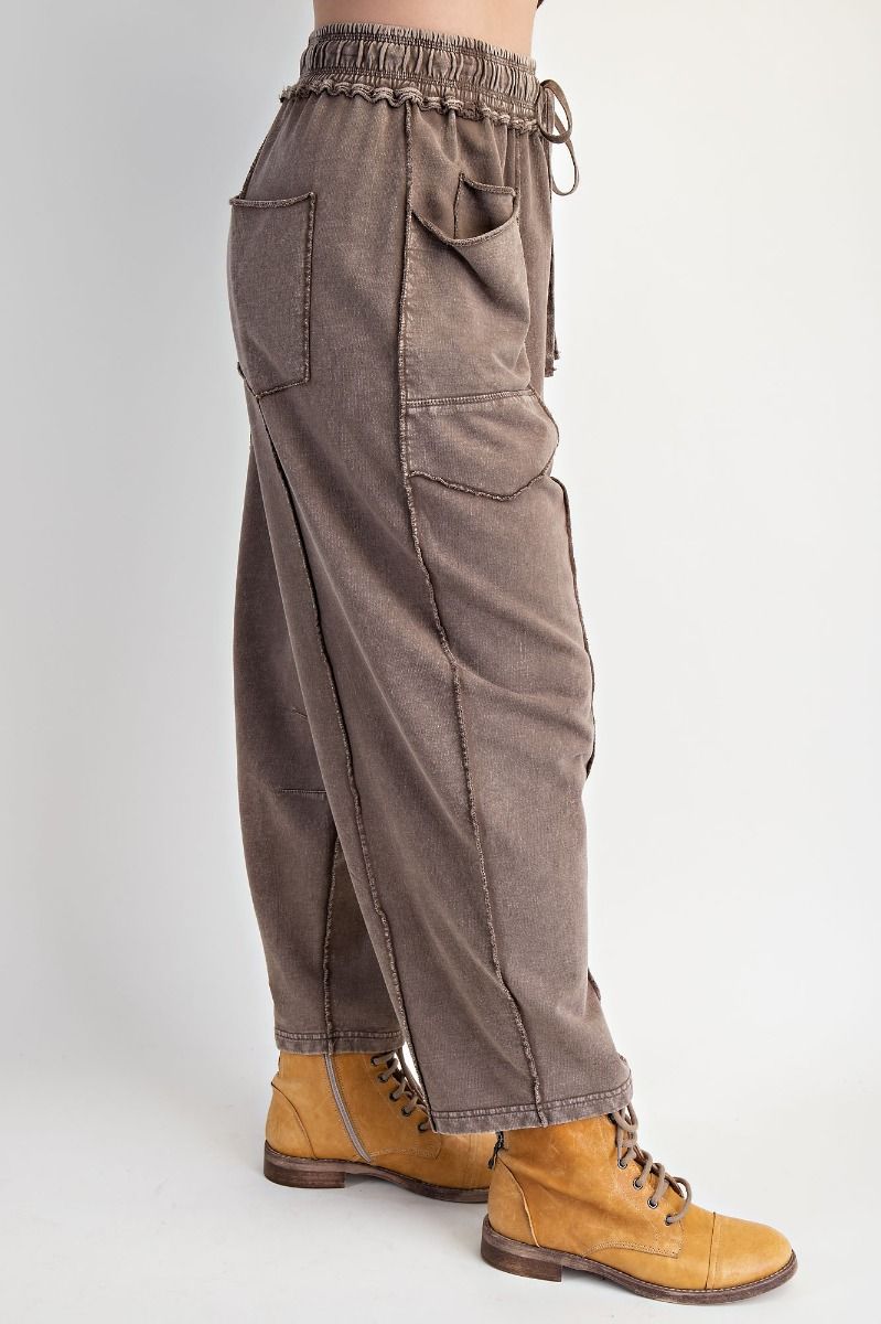 MINERAL WASH TERRY KNIT BARREL PANT--BROWN
