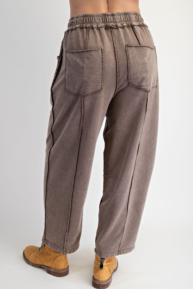 MINERAL WASH TERRY KNIT BARREL PANT--BROWN