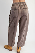 MINERAL WASH TERRY KNIT BARREL PANT--BROWN