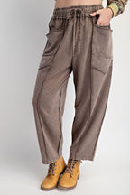 MINERAL WASH TERRY KNIT BARREL PANT--BROWN
