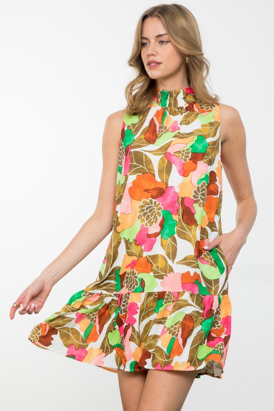 TROPICAL MOCK NECK DRESS