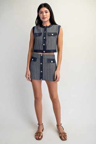 HERRINGBONE DENIM MIX VEST--INDIGO