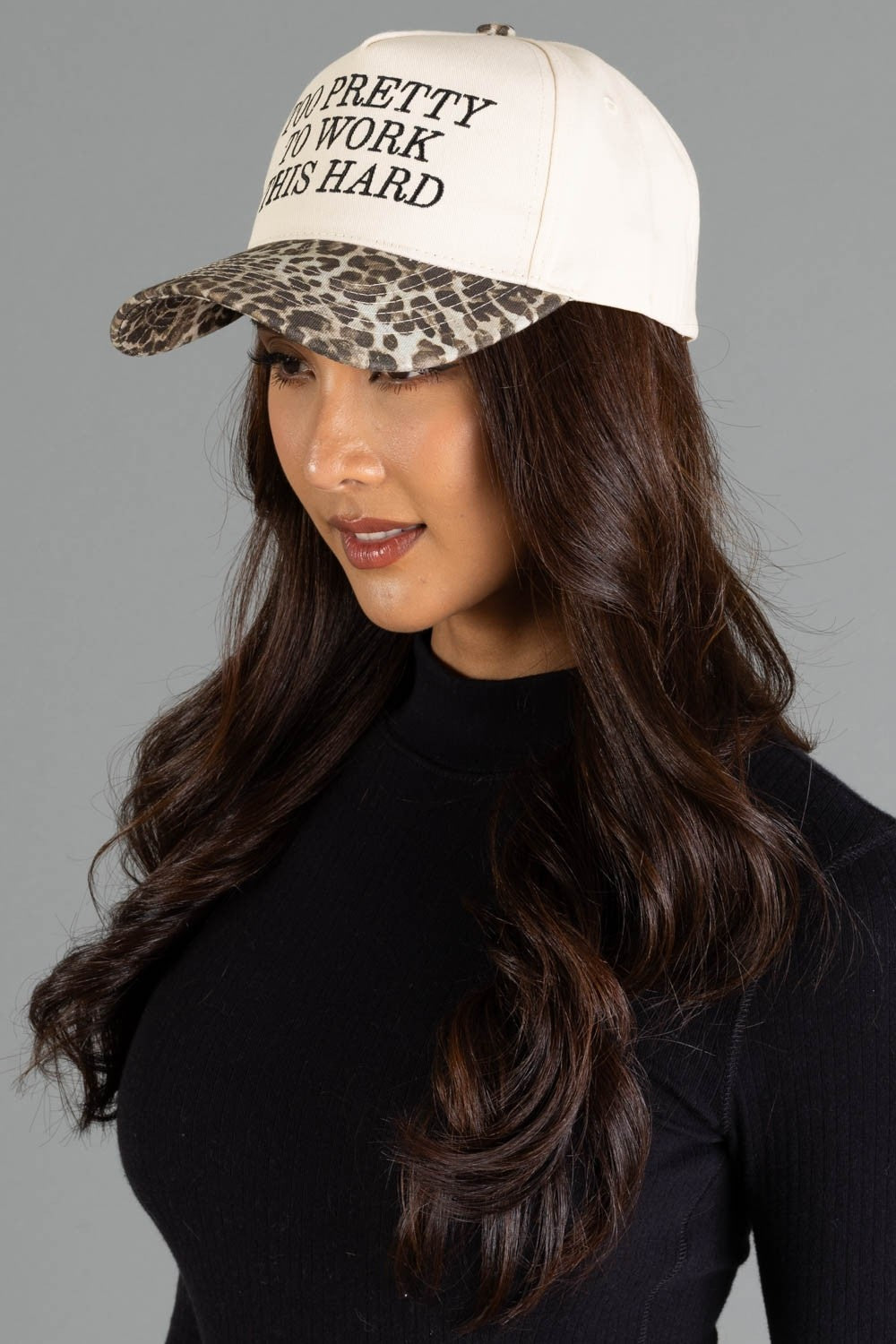 TOO PRETTY TO WORK THIS HARD LEOPARD/IVORY TRUCKER HAT
