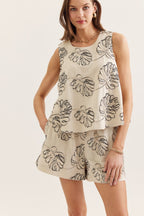 LEAF EMBROIDERED SHORTS--LINEN/BLACK